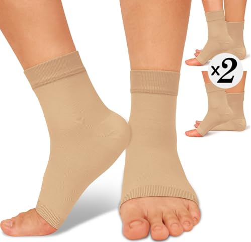ACTINPUT 2 Pack Ankle Brace Compression Sleeve 8-15 mmHg Open Toe Сompression Socks Women&Men for Swelling,Plantar Fasciitis,Sprain Beige S/M