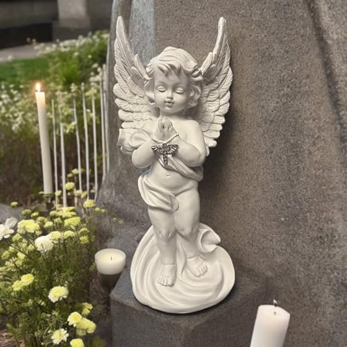 eberin · Anmutiger XL-Grabengel in strahlendem Weiß – EIN Symbol des Friedens und der Hoffnung · stilvolle Grabdekoration · Engel mit kleinem silbernen Kreuz 29 cm ·