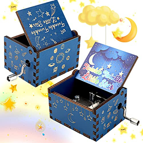 Cobee Hand Crank Vintage Engraved Musical Box, Twinkle Twinkle Littele Star Wood Music Box, Mini Colorful Hand Operated Musical Boxes for Birthday Thanksgiving Wedding Valentine Anniversary