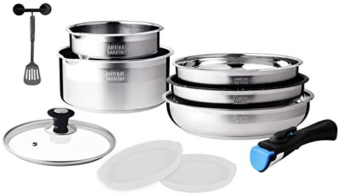 Arthur Martin AM0025 Batterie de cuisine amovible 10 pièces Acier Inoxydable Casserole avec bec verseur Poignée amovible tous feux dont induction
