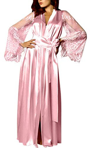 MILAX Robe kimono sexy en satin avec ceinture en dentelle pour femme - Vêtement de nuit pour fête de mariage - Peignoir long, rose, L