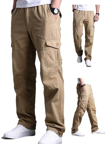 Aotoyou Cargohose Herren Baumwolle Cargo Hose Lang Freizeithose | Outdoorhose Wanderhose mit 7 Taschen und Elastische Taille Asrbeitshosen Männer mit Gummizug Cargo Pants