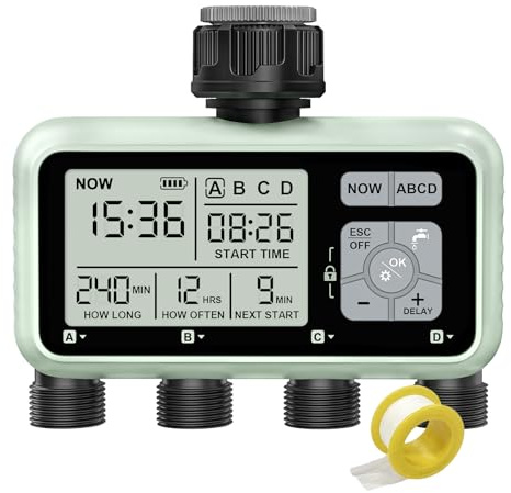 Johgee 4 Zone Sprinkler Water Timer for Irrigation, Garden Hose Timer 4 Outlet, Garden Watering System Irrigation System Controller with Auto/Manual Mode/Rain Delay for Lawn