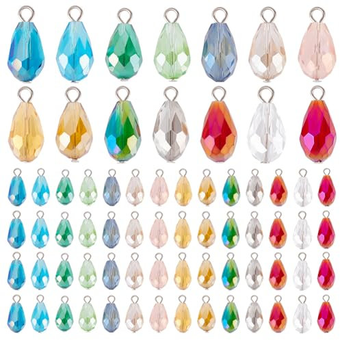 PH PandaHall 70pcs Faceted Teardrop Charms 14 Colours Crystal Dangle Charms Transparent Glass Pendants Teardrop Charm Dangle Bead Charm for DIY Jewellery Making Necklace Bracelet Craft