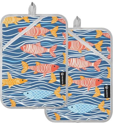 MNSRUU Topflappen mit Tasche für Küche, Fischtopf-Set, hitzebeständig, 2 Topflappen zum Backen und Kochen