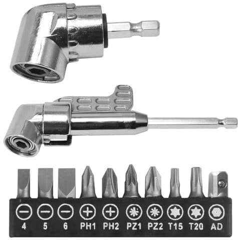 HIULLEN 2PCS Right Angle Drill Attachment, 105 Degree 1/4 Inch Right Angle Drill, Righ-t An-gle Screwdriver for Power Dr-ill Tool (Short+Long+10 Screwdriver Bits)