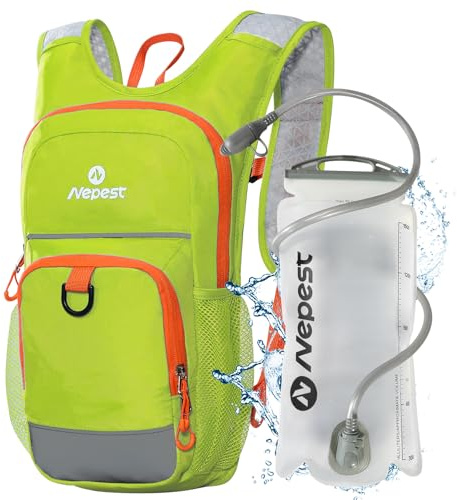 Nepest Mochila de hidratación para niños, mini mochila de agua con bolsa de agua de 1.5 L para senderismo, ciclismo, correr, verde
