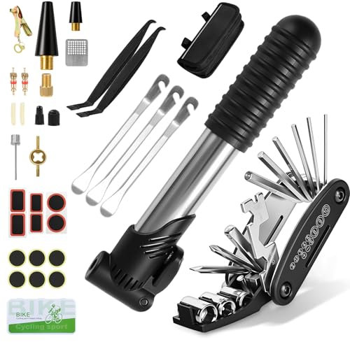 Ninonly 34Pcs Fahrrad Reparaturset Fahrrad Flickzeug Set mit 16-in-1 Fahrrad Multitool Fahrrad Reparaturset für Unterwegs Fahrradpumpe und Alles was Du Brauchst, für Mountainbike Rennrad Travel