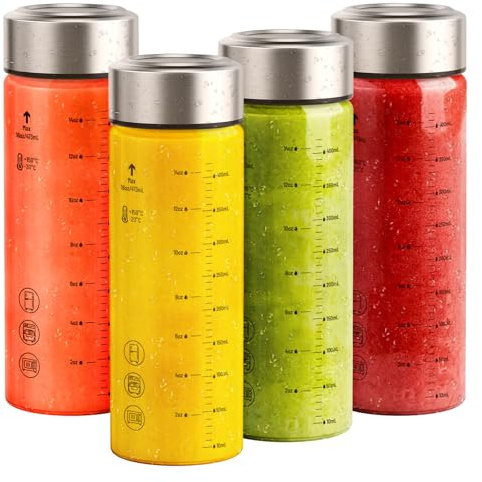 Sursip 16 oz Glass Juice Bottles – 4 Pack Wide Mouth Borosilicate Glass Bottles with Lids – Heat-Resistant, BPA Free, Leakproof & Reusable for Juicing, Smoothies, Milk, Protein, Water