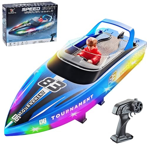 OBEST Barco teledirigido con luces LED, 2,4 GHz, 15 km/h, alta velocidad, lancha de control remoto, 120 min de resistencia, para piscina, lago/estanque