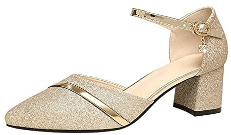 Sandalias de Baile para Mujer Cerradas en Oro, Sandalias con Punta Puntiaguda y Tacón Bajo, Sandaletas de Brillo, Zapatos de Verano, Zapatos de Baile, Zapatos de Boda, Zapatos de Fiesta, Zapatos de