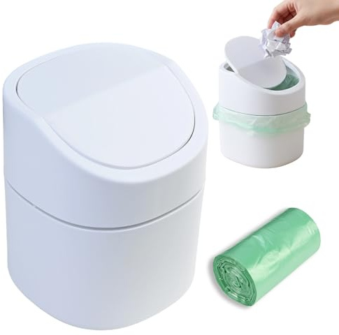 Pattumiera da Tavolo con Coperchio Mini Cestino da Scrivania 2L Cestino Ufficio con 1 Rotoli di Sacchi della Spazzaturaper, per Camere da Letto, Sale da Pranzo, Cucina, Bagni, Auto, Uffici Ecc