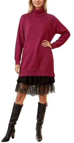 Generisch Mini abito da donna con bordo in pizzo, 2 pezzi, interno morbido, maglione a collo alto, elegante per il tempo libero, set oversize e caldo, per le mezze stagioni, comodo da due pezzi