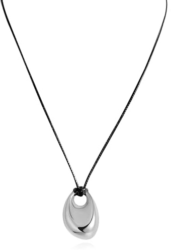 CWVHQ Black Leather Cord Pendant Necklace for Women Goth Long Simple Rope Chain Teardrop Bean Pendant Necklace Boho Rope Statement Trendy Accessories (silver)