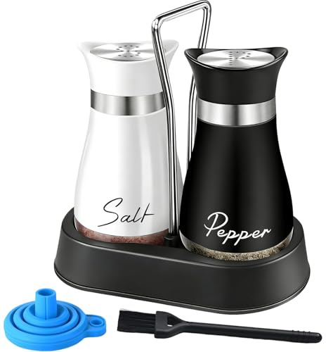 Salt and Pepper Shakers Set with Holder, Stainless Steel Salt Pepper Shaker Containers with Glass Bottom, Cleaning Brush & Funnel, Perfect for Kitchen Spice Storage, Restaurant, RV, Camp, BBQ Refillab