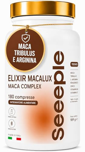 ELIXIR MACALUX - Integratore con Maca Complex, Tribulus, L-Arginina, Fieno Greco, Zinco, Vitamine B6 e B12, Senza Glutine e Lattosio - 180 Capsule - Made In Italy