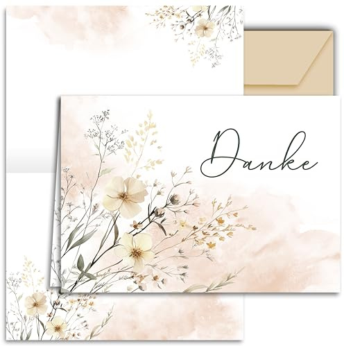 E & G klass 10 x tackkort beige blommor med kuvert vuxna tackkort blommor motiv vikbart kort akvarell farväl sorg present tack