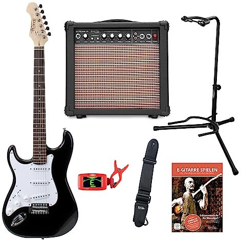 Rocktile Pro ST3 BK RW L Linkshänder E-Gitarren-Set – E-Gitarre für Anfänger – Gitarrenverstärker, Gitarrenständer, Schule, Clip-Stimmgerät und Gitarrengurt – Linkshänder Einsteigermodell