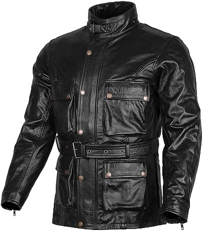 Veste de Moto Vintage en Cuir ciré - Style Classique - Noir - 6XL