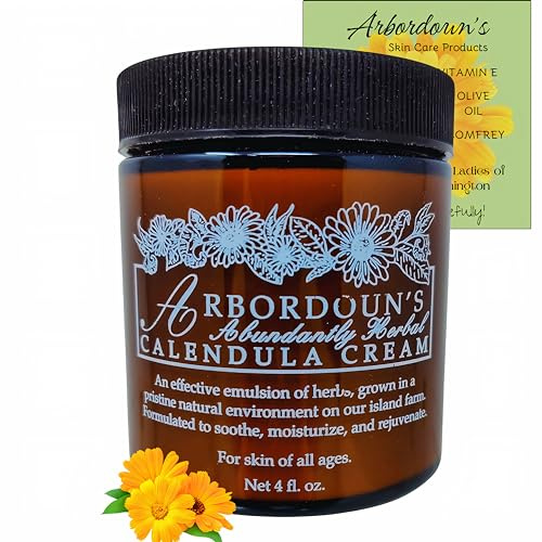 Calendula Cream 4oz Amber Jar Contains Comfrey, Oregon Grape, Aloe, Beeswax. Tattoo Aftercare Kit Essential. Soothing Eczema Salve. Home Grown and Hand Poured Since 1984 Arbordoun Ingredients Insert