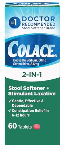 Colace 2-in-1 Stool Softener Plus Stimulant Laxative Tablets, 60 Count (Pack of 1), Gentle Constipation Relief, Docusate Sodium Plus Sennosides