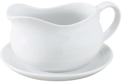 HIC Kitchen Hotel Gravy Boat With Saucer, Fine Porcelain, 24-Ounce Capacity For Gravy, Sauce, Au Jus, Dressing, Holiday Meals, And Entertaining