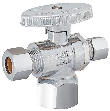 Eastman 3/8 Inch OD Compression x 1/4 Inch OD Compression x 1/2 Inch FIP Quarter Turn Dual Outlet Three Way Stop Valve, Chrome, 48655LF