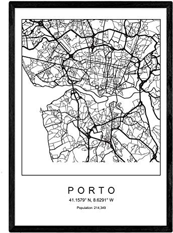 Nacnic Lámina mapa de la ciudad Porto estilo nordico en blanco y negro. Poster tamaño A3 Enmarcado con marco negro Impreso papel 250 gr. Cuadros, láminas y posters para salon y dormitorio