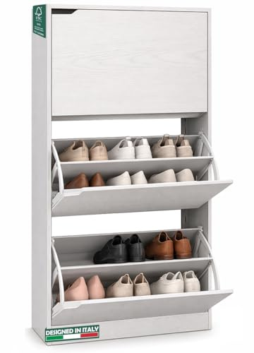 BAKAJI Scarpiera Portascarpe in Legno MDF con 3 Ante Porta Scarpe a Ribalta Maniglie a Scomparsa Doppia Profondità Dimensioni Compatte Slim 63 x 24 x 115 cm Ingresso Casa (Bianco Frassinato)