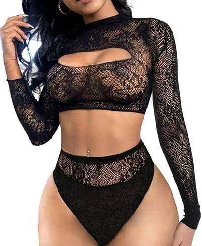 Buitifo Damen Dessous-Sets Sexy Lingerie Fischnetz Sexy Bodys Nachtwäsche(Schwarz 0090,Einheitsgröße)