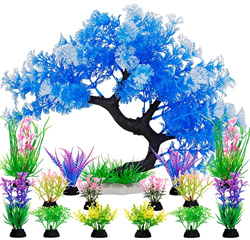MyLifeUNIT Fish Tank Decorations, 15 Pack Artificial Aquarium Plants Tree Set for Fish Tank Decor (Bule Set)
