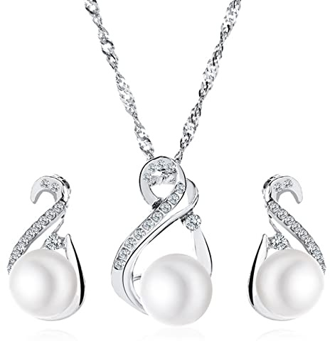 Yienate Parure Mariage Perles Cristal Parure Bijoux Zirconium Parure Pendentifs Perles Pendantes Parure Boucles D'oreilles Perles Argentées Parure Bijoux Mariage Pour Femmes Filles