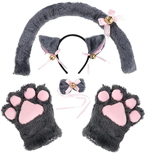 Kinsinder Costume Gatto Bambina, Gatto Cosplay Costume, Peluche Artiglio Guanti Gatto Gattino Orecchie Coda Collare Zampe Carino Adorabile Costume per il Set per Bambini e Adulti (Grigio)