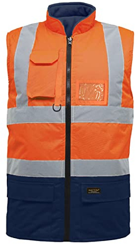 Hi Vis Reversible Fleece Gilet Reflective Saftey Security Work Jacket Protective Waistcoat Bodywarmer (Orange/Navy, XXL)