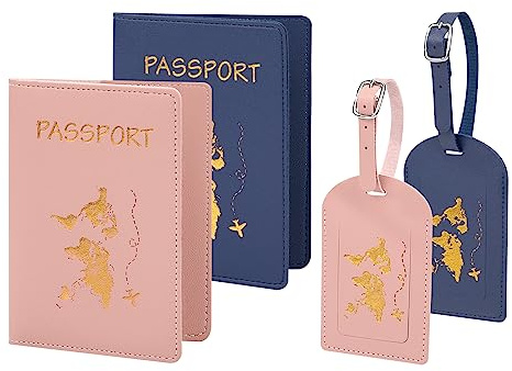 Couvertures de Passeport et Étiquettes à Bagages, 2 x Protege Passeport Cuir et 2 x Étiquette Valise Porte-Passeport pour Femmes Hommes Cadeau de Lune de Miel pour Couples (Bleu foncé+Rose)
