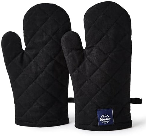 Encasa XO Guanti da forno in cotone resistente al calore (Set di 2) - 17x29 cm - Per la cucina, cucinare e cuocere al forno, sicuro maneggiare pentole e padelle bollenti - Nero pieno