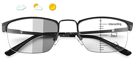 Photochromic Progressive Multifocus Reading Glasses W/ Spring Hinges 180° Transition Multifocal UV400 Sunglasses Sun Readers Blue Light Blocking Computer Eyeglasses Anti Glare Presbyopia for Men Women