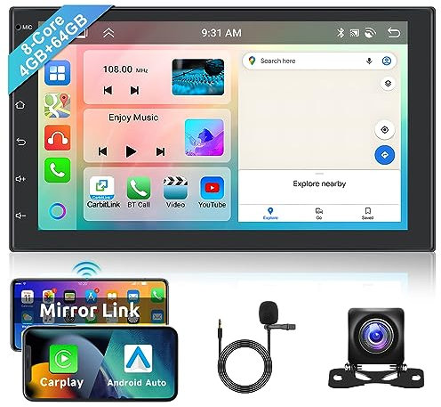 Hodozzy 8 Cœurs 4GB+64GB Autoradio Android 2 Din 7 Pouces IPS écran Tactile Autoradio avec Navigation GPS Carplay Android Auto, WiFi Bluetooth DSP FM RDS Poste Radio Voiture écran Double Din