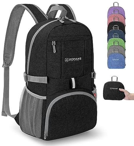 ZOMAKE Petit Sac à Dos Ultra Léger,Sac à Dos Pliable 25 L Sac à Dos de Randonnée Sac à Dos pliable de Voyage Les Marche Sac à Dos de Jour pour Femme Homme(Noir)