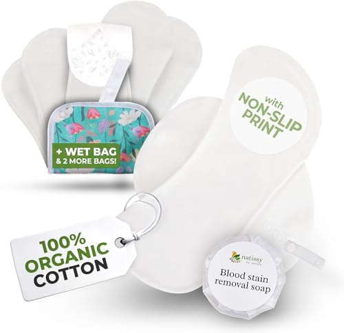 Natissy Compresas Reutilizables de Algodón Orgánico para Mujer y Adolescente, Lavables, Suaves, No Irritantes y Reutilizables - Pack 6 Tallas S+M - Made in EU