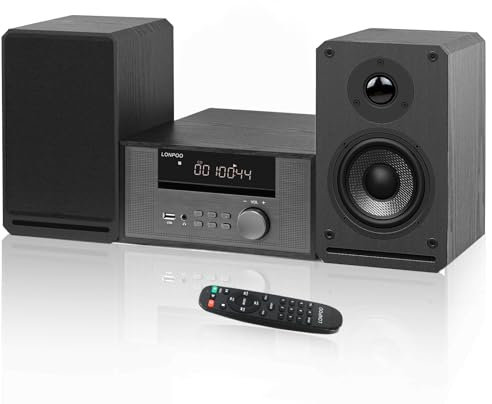 LONPOO Sistema estéreo compacto Soundbox 100 W sistema de altavoces con reproductor de CD, Bluetooth, radio FM, entrada USB/AUX, conector para auriculares (LP-609H)