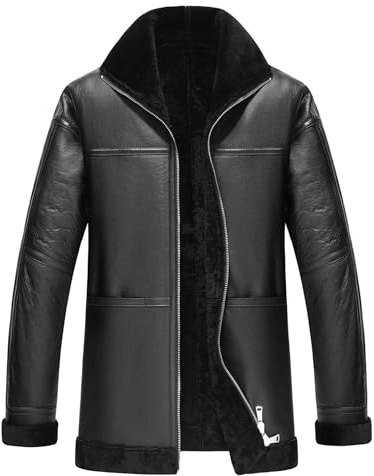 Manteau long en peau de mouton pour homme avec doublure en laine naturelle, Noir - Cuir véritable, M