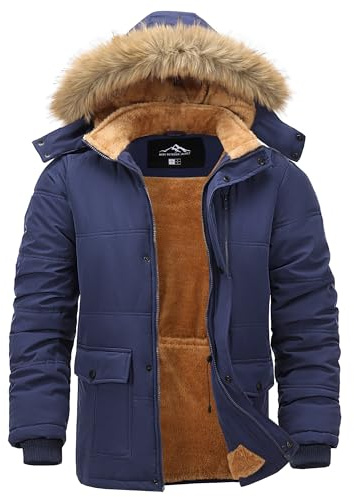 Peakwell Men's Hiking Winter Parka Fleece Lined Windproof Outdoor Coat Cargo Casual Snow Jacket Raincoats with Adjustable Drawstring, Dark Blue, XL