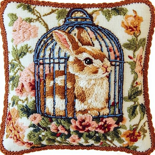 animale Kit gancio di chiusura fai-da-te,Coniglio in una gabbia floreale,kit gancio di chiusura per cuscino stampato gancio di chiusura fai da te per principiant,43x43cm