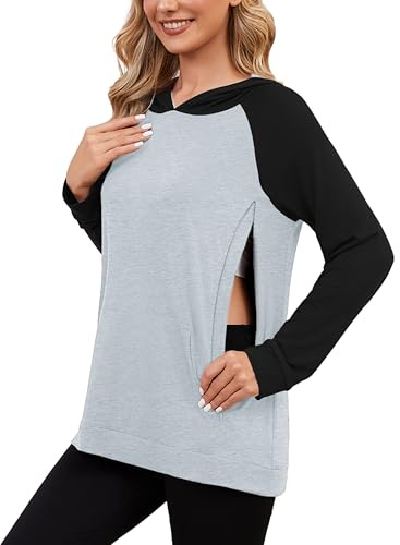 Love2Mi – Felpa con cappuccio da allattamento da donna con cerniera invisibile, maglione premaman a maniche lunghe, ideale per gravidanza e allattamento, Grigio/Nero, XL