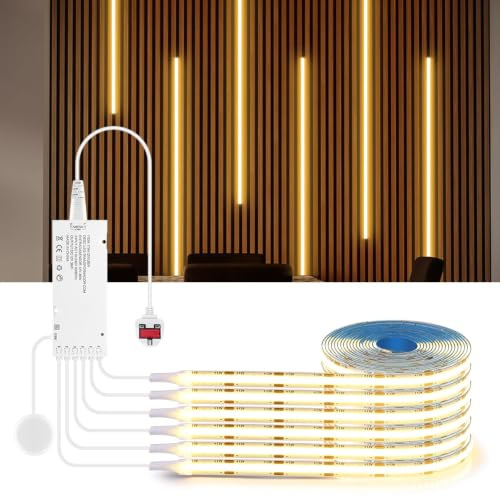 AIMENGTE COB LED Strip, Cabinet Light 2M 6pcs, 12V Warm White Acoustic Panels Cuttable LED Strip Lights with Touch and Hand Sweep Dimmer Switching for Wine Cabinets, Kitchen, Cupboards, Shelves