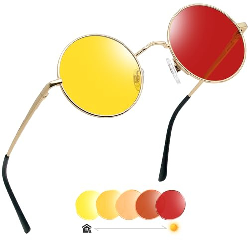 Joopin Occhiali da Sole Uomo Donna Rotondi Protezione UV400 Retro Vintage Tondi Visione Notturna Antiriflesso Fotocromatici Occhiali da Guida (Gialli Rossi)