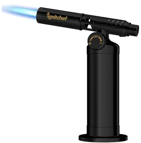 IgnitChef Metal Butane Torch Lighter, Refillable Kitchen Torch, Creme Brulee Torch with Adjustable Flame, Continuous Mode for Grilling Steaks, Barbecuing (PHQ-408-New)