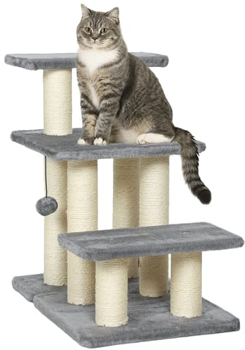 PawHut Escalera para Gatos de 3 Peldaños, Escalera para Mascotas, Estructura Ajustable, con Postes Rascadores, Bola Colgante, Carga 10 kg, para Cama, Sofá, 52x34,5x54 cm, Gris