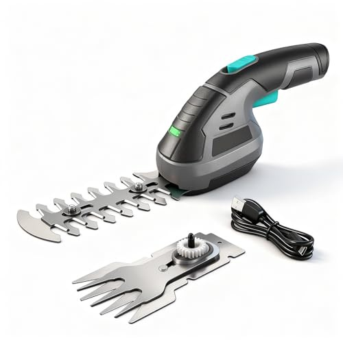 Ecobuild 8V Akku Heckenschere & Grasschere 2-in-1, Mini Gartenschere mit 2 Klingen, 2000mAh Lithium-Ionen Akku, Rasenkantenschere & Astschere für Hecken, Rasen und Garten